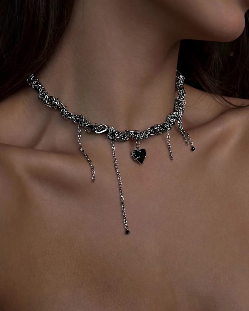 Кольє з чорних фіанітів та різних ланцюжків з кулоном, фото 5